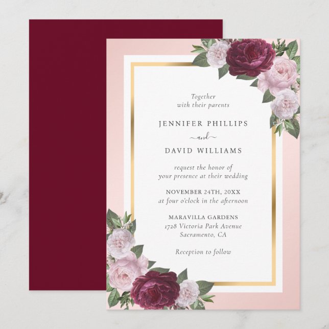 Burgundy Blush Pink Gold Floral Wedding Invitation (Front/Back)