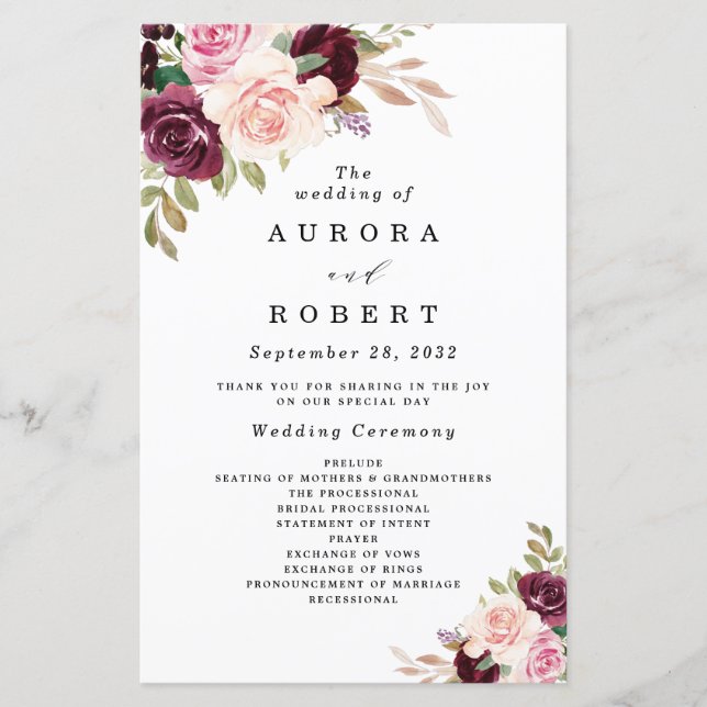 Burgundy Blush Pink Gold Floral Wedding Programs (Front)