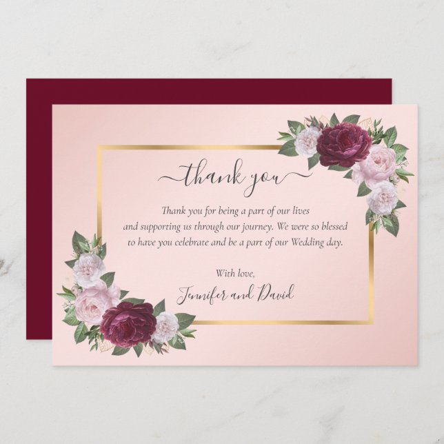 Burgundy Blush Pink Gold Floral Wedding Thank You Card (Front/Back)