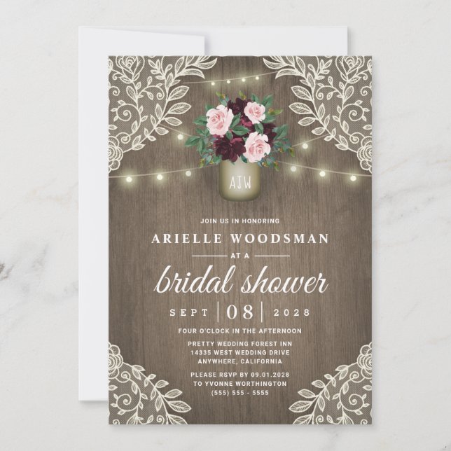 Burgundy Blush Pink Gold Mason Jar Bridal Shower Invitation (Front)