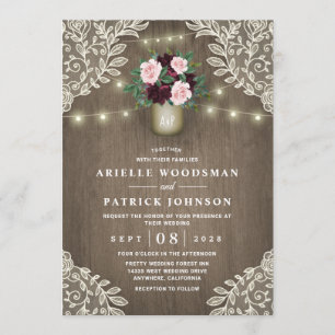 Burgundy Blush Pink Gold Mason Jar Vintage Wedding Invitation