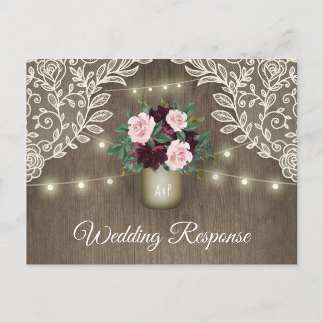 Burgundy Blush Pink Gold Mason Jar Wedding RSVP Invitation Postcard (Front)