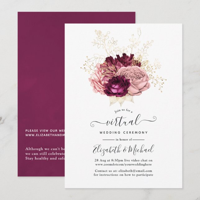 Burgundy, Blush Pink & Gold Online Virtual Wedding Invitation (Front/Back)