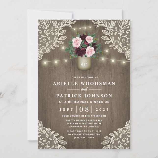 Burgundy Blush Pink Gold Rustic Rehearsal Dinner Invitation (Front)