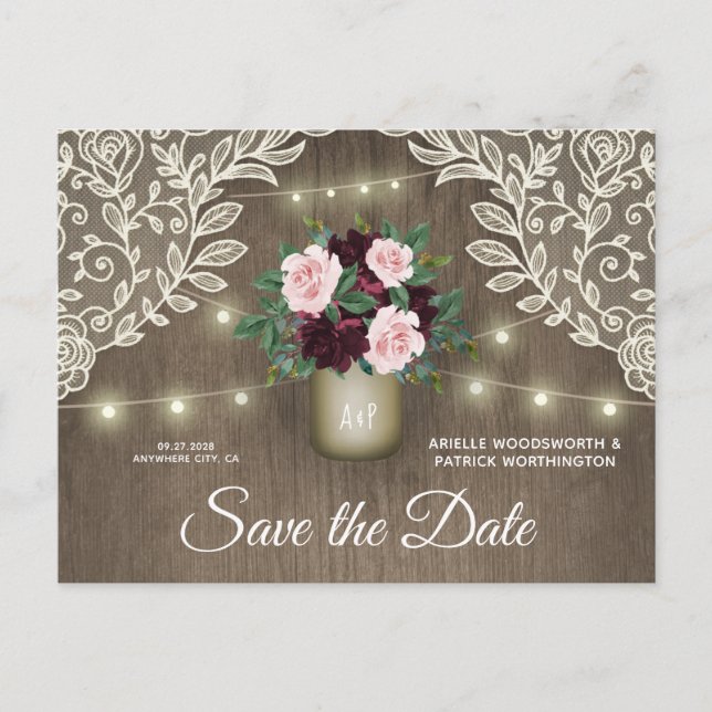 Burgundy Blush Pink Gold Wedding Save the Date Announcement Postcard (Front)