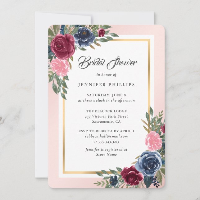Burgundy Blush Pink Navy Blue Floral Bridal Shower Invitation (Front)