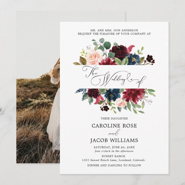 Burgundy Blush Pink Navy Blue Floral Photo Wedding Invitation (Front/Back)