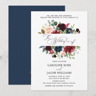 Burgundy Blush Pink Navy Blue Floral Wedding Invitation