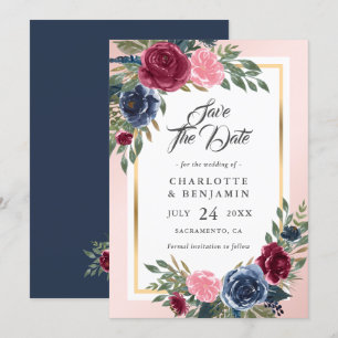Burgundy Blush Pink Navy Blue Floral Wedding Save The Date