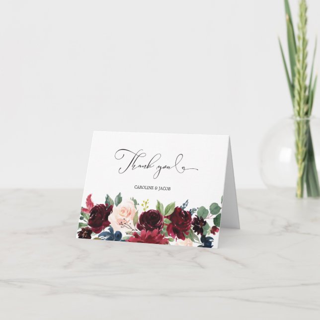Burgundy Blush Pink Navy Blue Floral Wedding Thank You Card (Front)