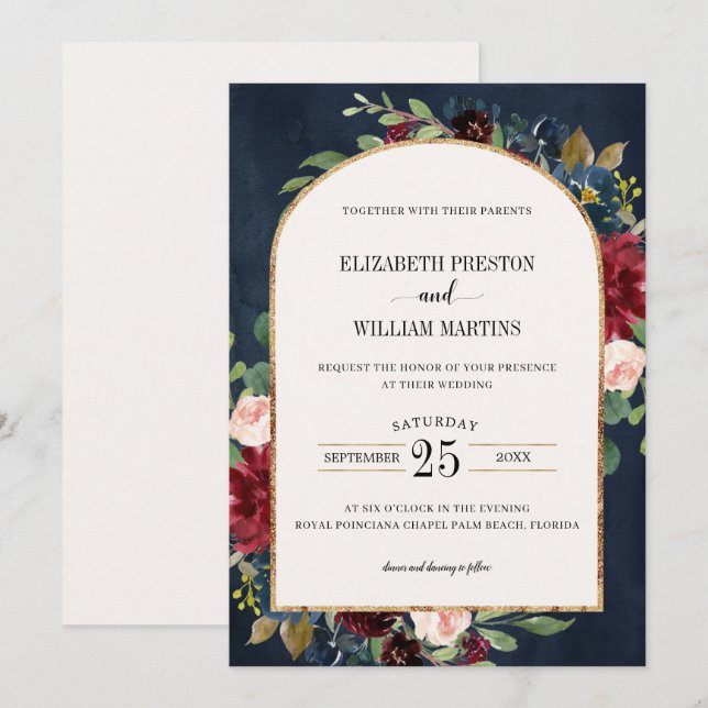 Burgundy Blush Pink Navy Floral Arch Frame Wedding Invitation (Front/Back)