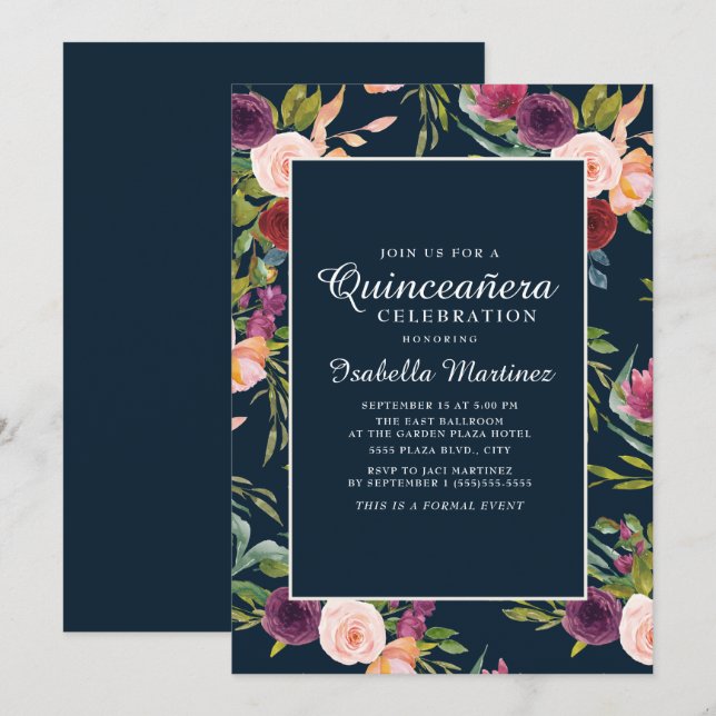 Burgundy Blush Pink Navy Floral Quinceañera Invitation (Front/Back)