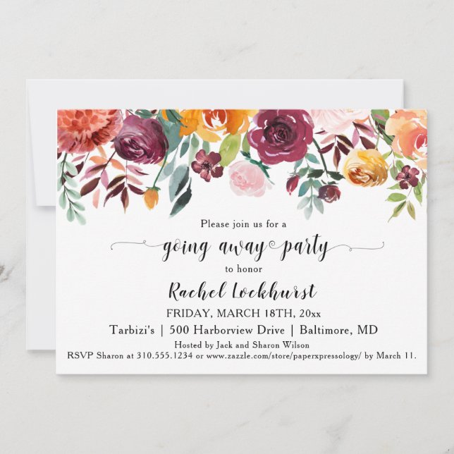 Burgundy Blush Pink Orange Floral Going Away Party Invitation (Front)