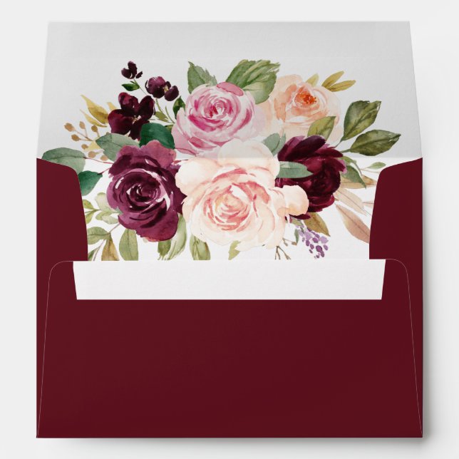 Burgundy Blush Pink Peach Gold Floral Boho Wedding Envelope (Back (Bottom))