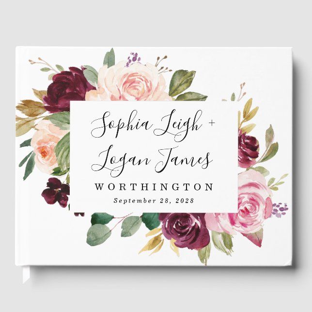 Burgundy Blush Pink Peach Gold Floral Boho Wedding Guest Book (Front)