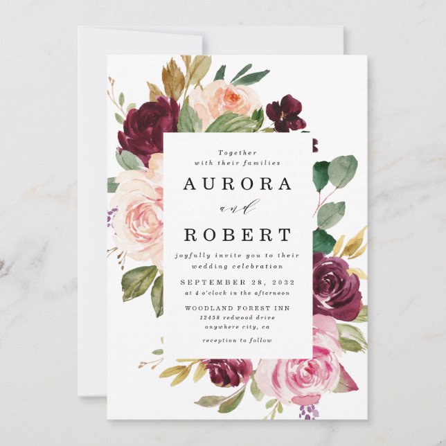 Burgundy Blush Pink Peach Gold Floral Boho Wedding Invitation (Front)