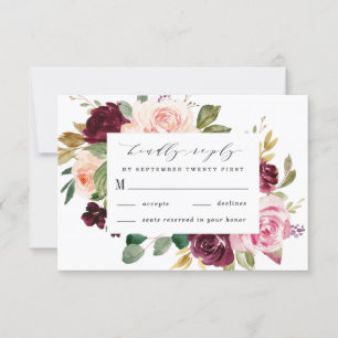 Burgundy Blush Pink Peach Gold Floral Boho Wedding RSVP Card