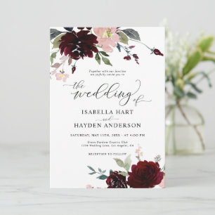 Burgundy Blush Pink Red Bordo Floral Wedding Invitation