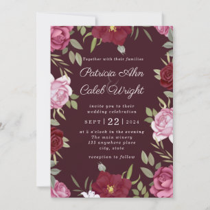 Burgundy Blush Pink Red Roses Wedding Invitation