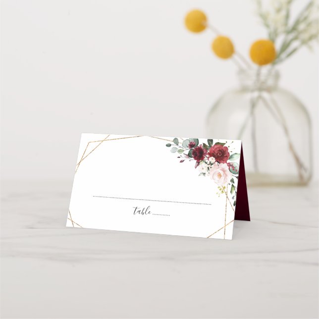 Burgundy Blush Pink Rose Boho Geometric Wedding Place Card (Front)