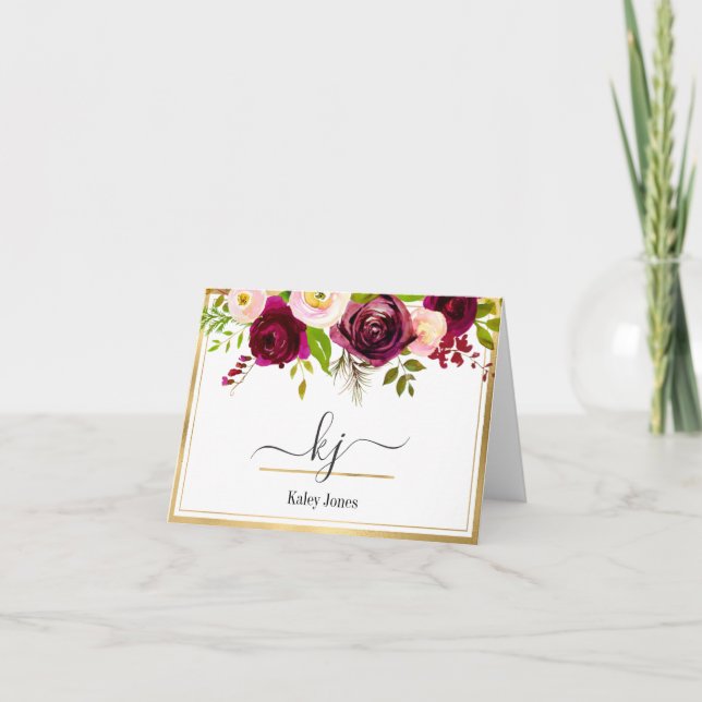 Burgundy Blush Pink Rose Floral Monogram Note Card (Front)