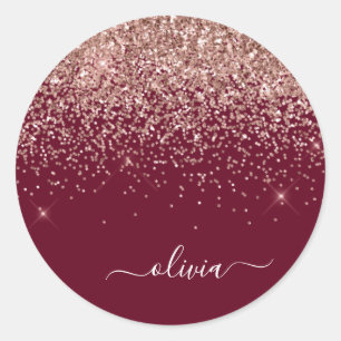 Burgundy Blush Pink Rose Gold Glitter Monogram Classic Round Sticker