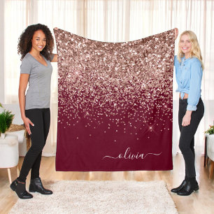 Burgundy Blush Pink Rose Gold Glitter Monogram Fleece Blanket