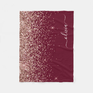 Burgundy Blush Pink Rose Gold Glitter Monogram Fleece Blanket
