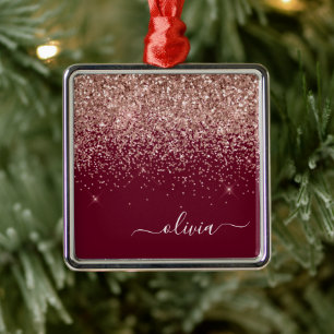 Burgundy Blush Pink Rose Gold Glitter Monogram Metal Tree Decoration