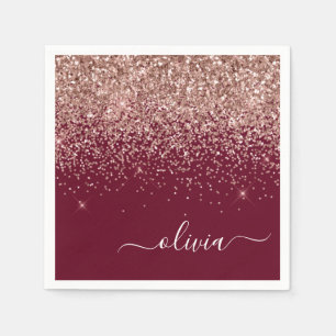 Burgundy Blush Pink Rose Gold Glitter Monogram Napkin