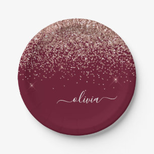 Burgundy Blush Pink Rose Gold Glitter Monogram Paper Plate
