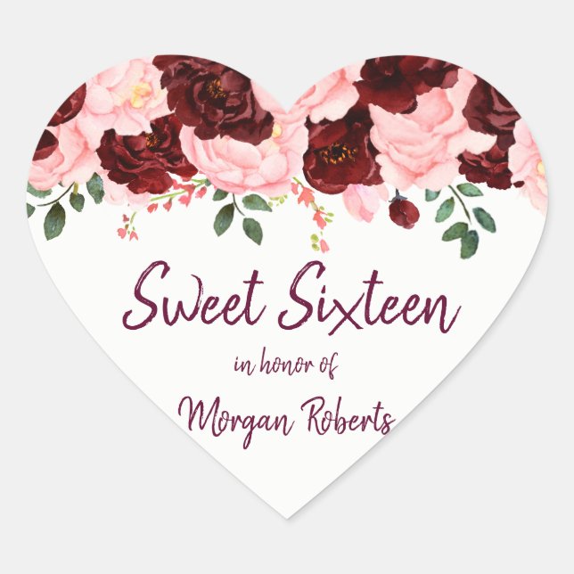 Burgundy & Blush Pink Rose Sweet 16 Party Heart Sticker (Front)