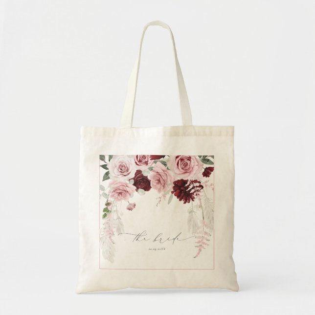 Burgundy Blush Pink Roses Floral Bridal Shower Tote Bag (Front)