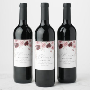 Burgundy Blush Pink Roses Floral Bridal Shower Wine Label