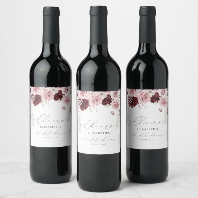 Burgundy Blush Pink Roses Floral Bridal Shower Wine Label (Bottles)