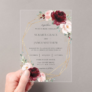 Burgundy Blush Pink Roses Floral Geometric Wedding Acrylic Invitations