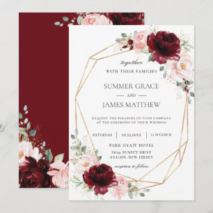 Burgundy Blush Pink Roses Floral Geometric Wedding Invitation