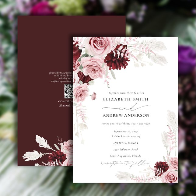 Burgundy Blush Pink Roses Floral QR Code Wedding  Invitation (Creator Uploaded)