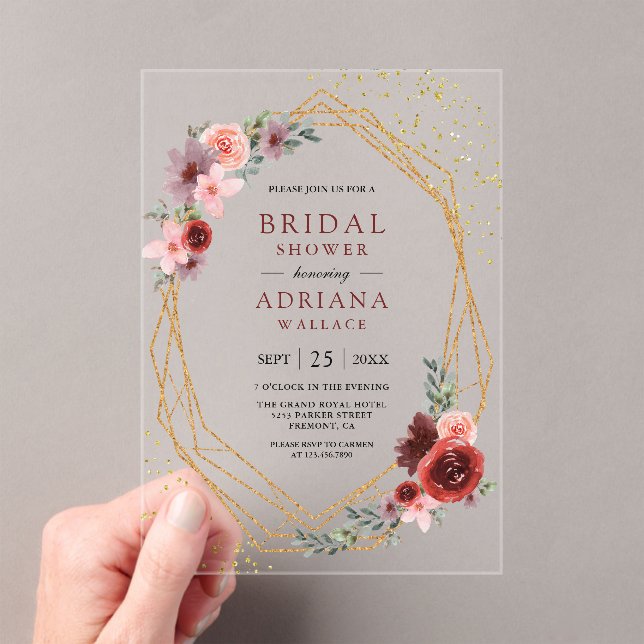 Burgundy Blush Pink Roses Geometric Bridal Shower  Acrylic Invitations (Insitu (Handheld))