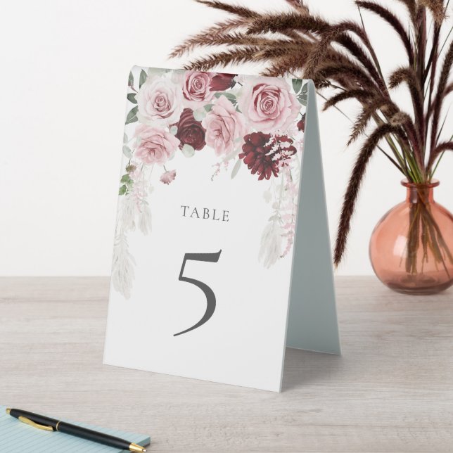 Burgundy Blush Pink Roses Wedding Table Number (In SItu (Table))
