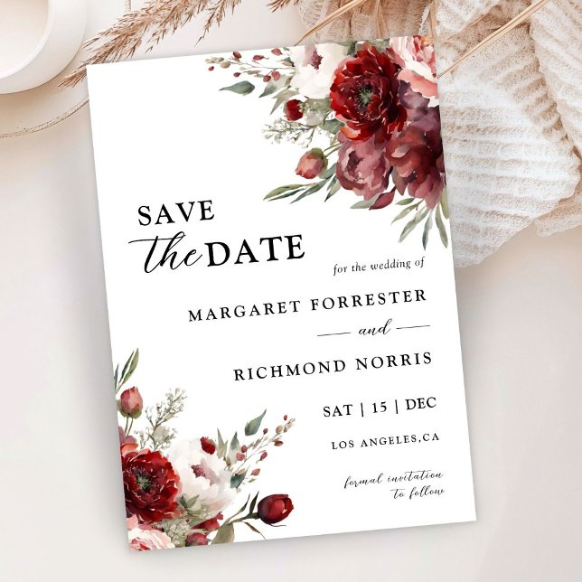 Burgundy Blush Pink Rustic Floral Save The Date Invitation (Creator Uploaded)