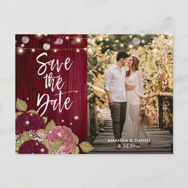 Burgundy Blush Pink Save The Date Photo Postcards (Front)