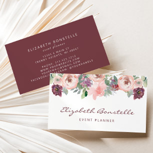 Burgundy Blush Pink Watercolor Floral Business Card