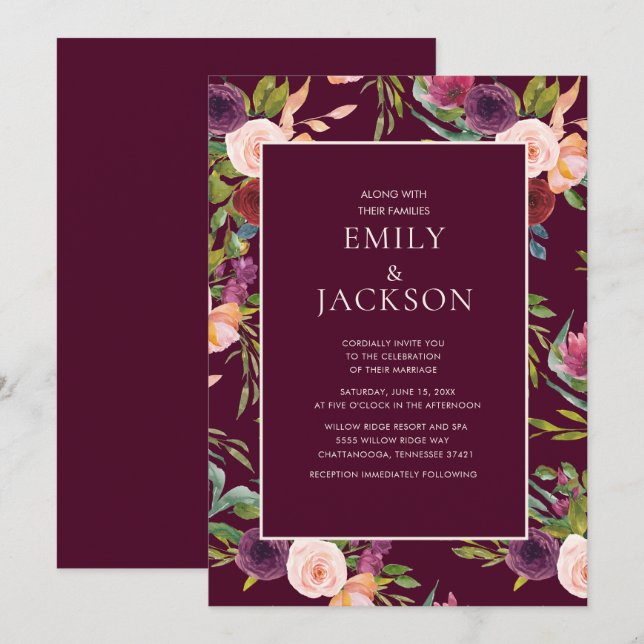 Burgundy Blush Pink Watercolor Floral Wedding Invitation (Front/Back)