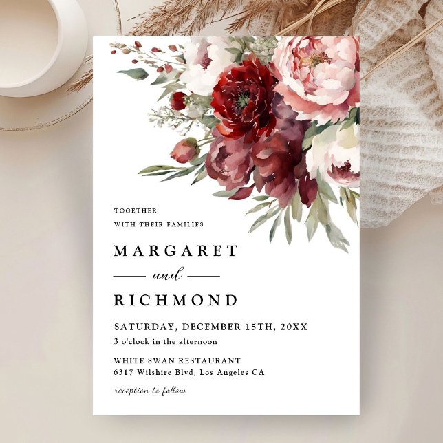 Burgundy Blush Pink Watercolor Floral Wedding Invitation (Creator Uploaded)