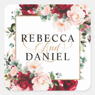 Burgundy & Blush Pink Watercolor Floral Wedding Square Sticker