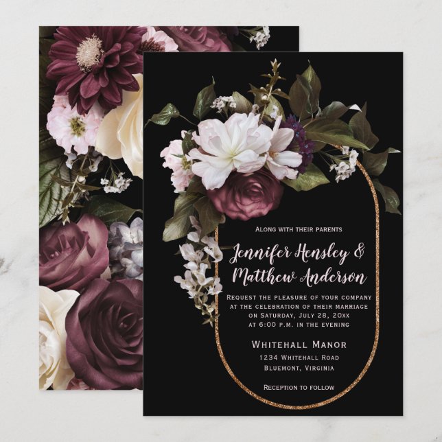 Burgundy, Blush Pink, White Floral Bouquet Wedding Invitation (Front/Back)