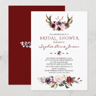 Burgundy Blush Plum Floral Antlers Bridal Shower Invitation