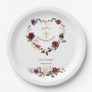 Burgundy Blush Plum Floral Girl Confirmation Paper Plate