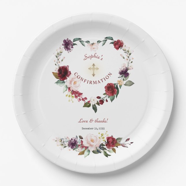 Burgundy Blush Plum Floral Girl Confirmation Paper Plate (Front)